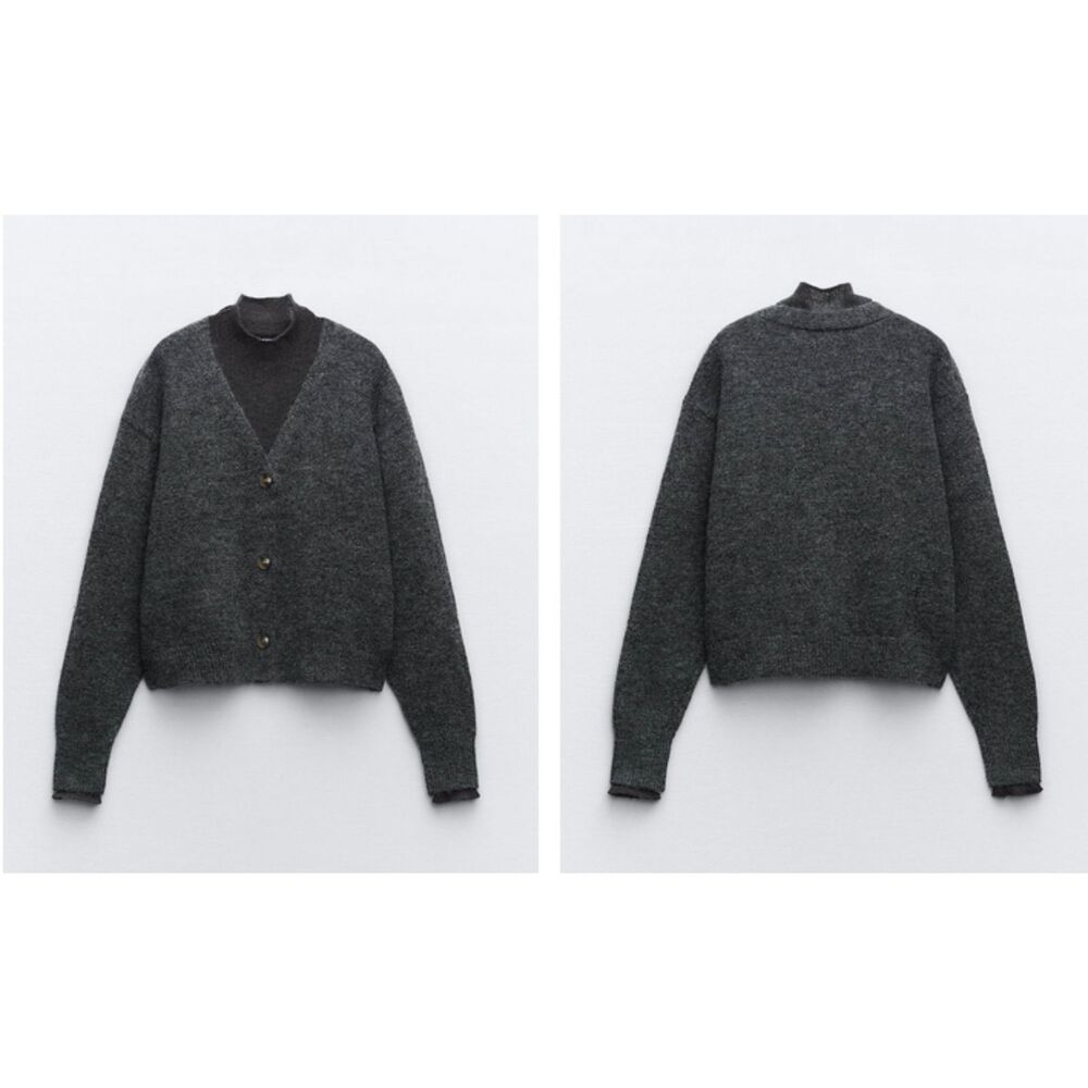 Gray Zara Semi-Sheer Neckline Button Front Long Sleeve Cardigan Sweater (NWT)